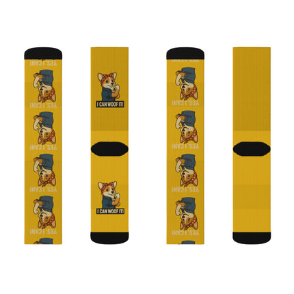 Cute Corgi Socks, I Can Woof It! Rosie the Corgi Riveter, Yellow