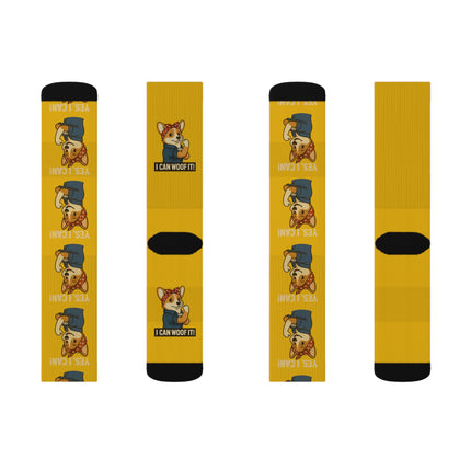 Cute Corgi Socks, I Can Woof It! Rosie the Corgi Riveter, Yellow