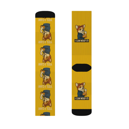 Cute Corgi Socks, I Can Woof It! Rosie the Corgi Riveter, Yellow