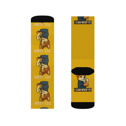 Cute Corgi Socks, I Can Woof It! Rosie the Corgi Riveter, Yellow