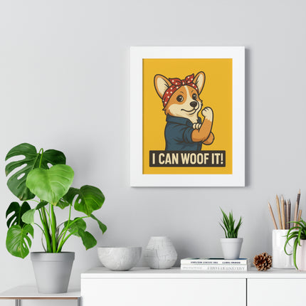 I Can Woof It! Rosie the Corgi Riveter, Framed Poster