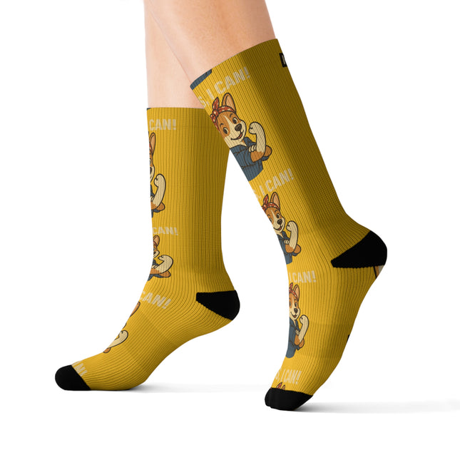Cute Corgi Socks, I Can Woof It! Rosie the Corgi Riveter, Yellow