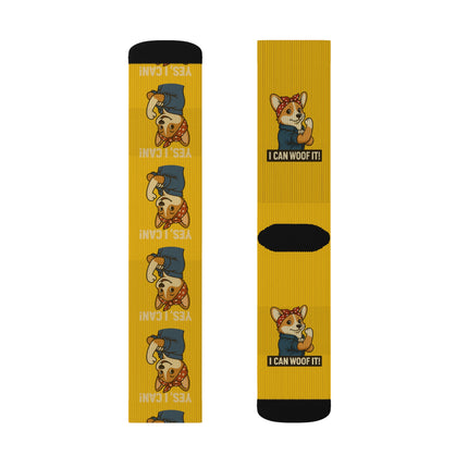 Cute Corgi Socks, I Can Woof It! Rosie the Corgi Riveter, Yellow